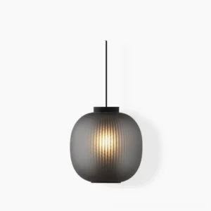 Dynamic pendant light with ribbed dark glass and perforated mesh core, front studio view