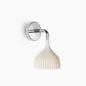 E ribbed glass wall lamp with chrome bracket, side frontal view on white background