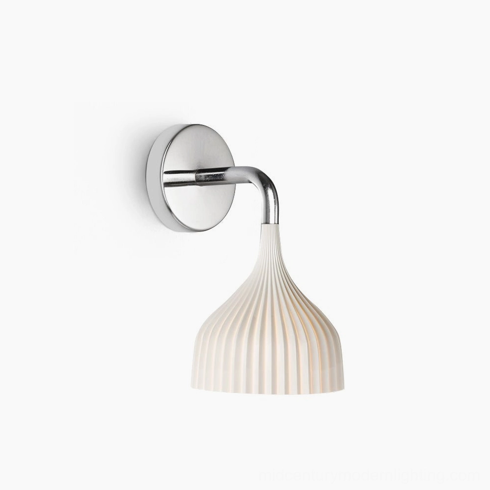 E ribbed glass wall lamp with chrome bracket, side frontal view on white background