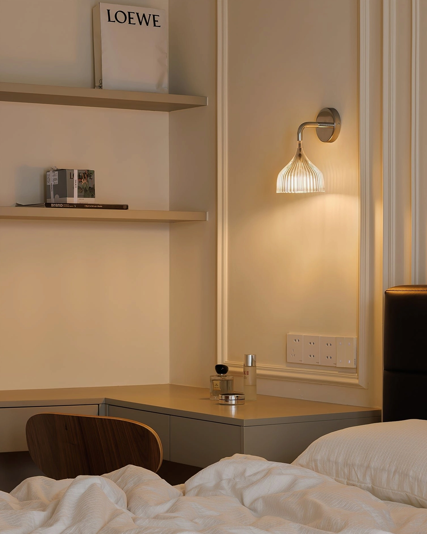 Scandinavian design wall lamp in contemporary interior with warm ambient lighting