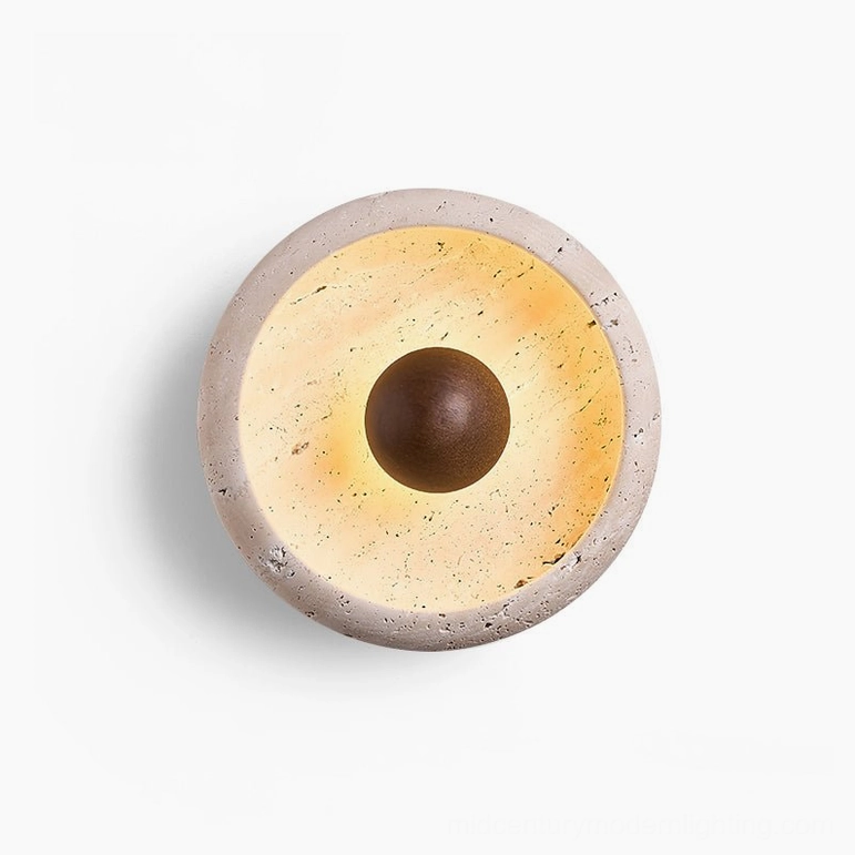 Eala travertine wall lamp Model A beige walnut color on neutral background