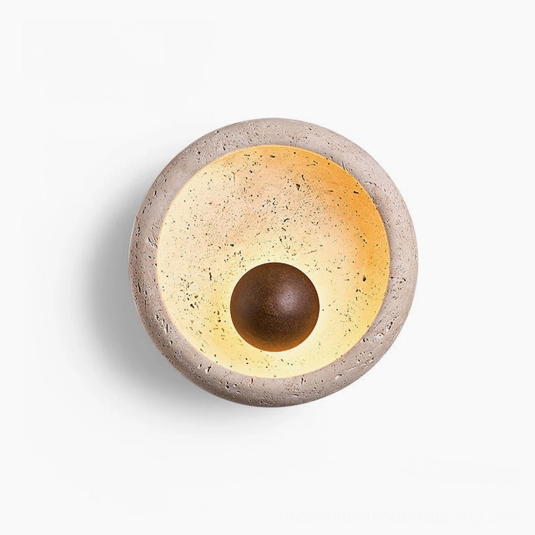 Eala travertine wall lamp Model B warm light color option detail view