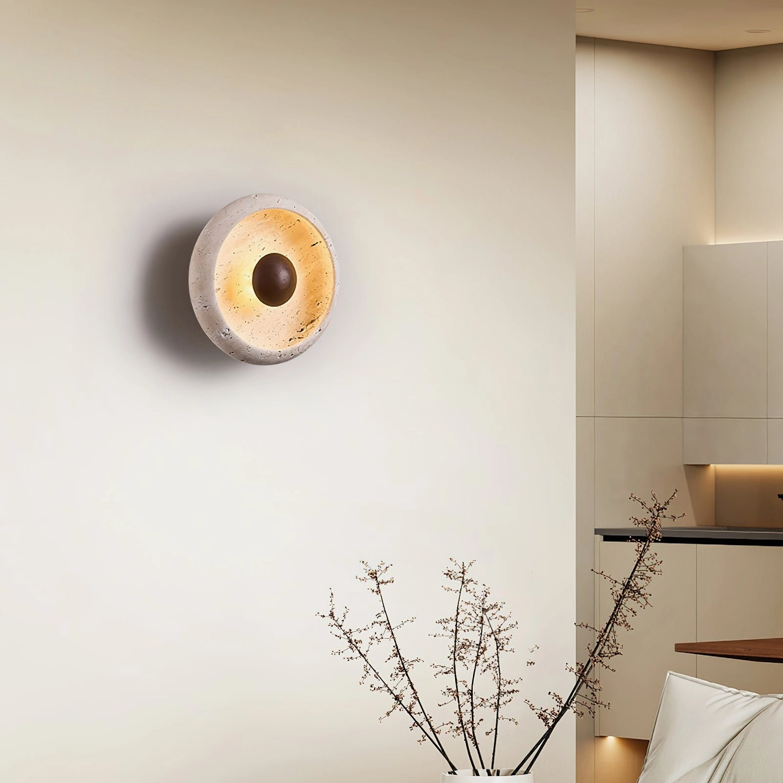 Two Eala travertine wall lamps in modern minimalist interior lounge space