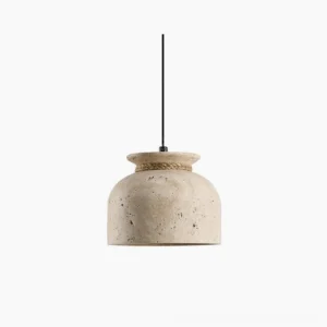 Easton travertine pendant light with hemp rope, studio front view showcasing sculptural dome form and natural stone texture