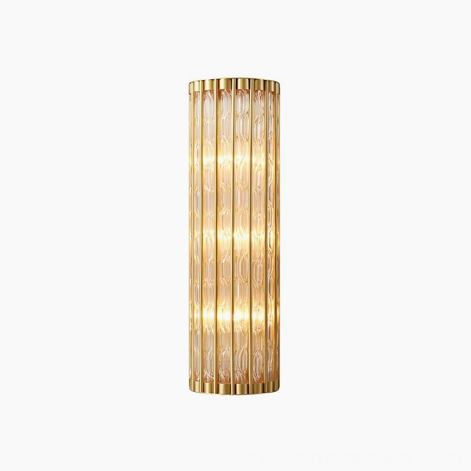 Polished brass and ribbed glass linear wall sconce, luxury modern home lighting fixture detail