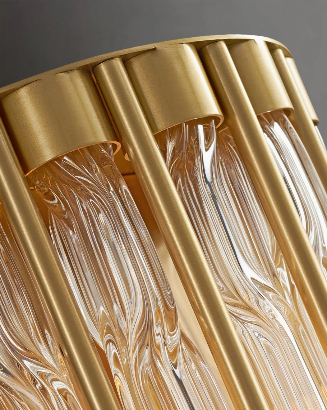 Mid-century modern linear wall lamp with fluted glass and brass mount, interior design styling view
