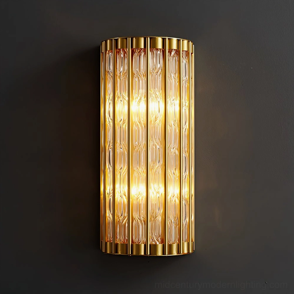 Modern wall mounted sconce with fluted glass and polished brass, contemporary minimalist style lighting