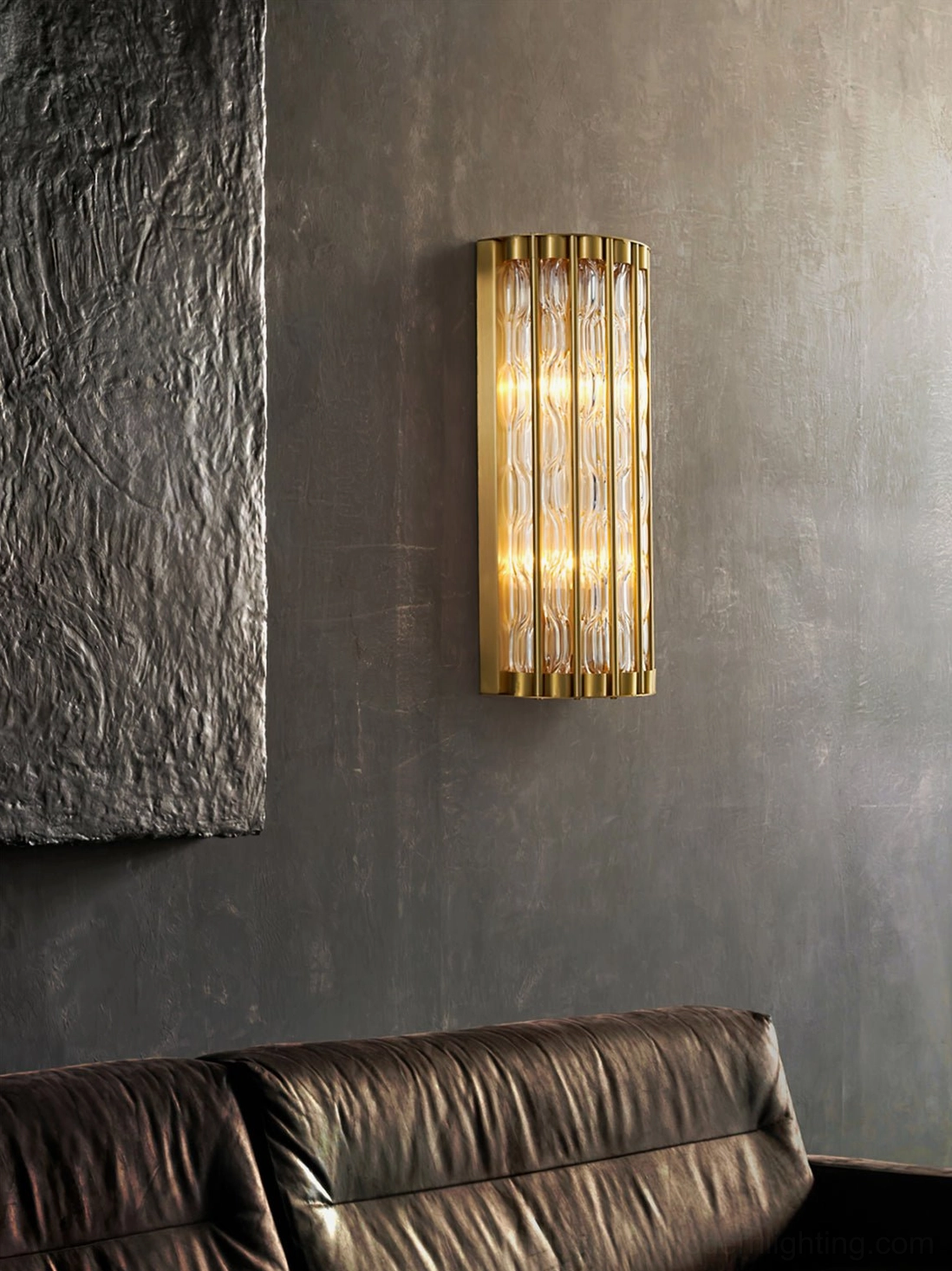Textured wall lamp mounted in minimalist living room with gray textured wall, modern luxury home lighting