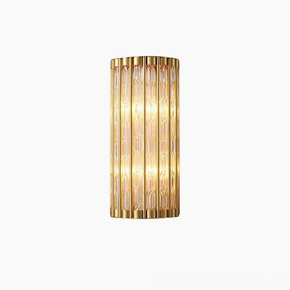 Eaton linear wall lamp in brass finish, compact vertical profile, textured glass cylinder modern design