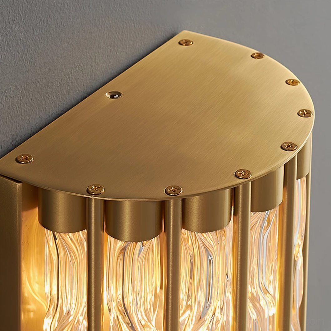 Linear wall sconce with ribbed texture, polished brass hardware, modern minimal design aesthetic