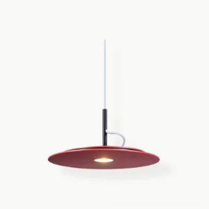 Burgundy matte metal disc pendant lamp shown in studio lighting, minimalist design with warm LED downlight