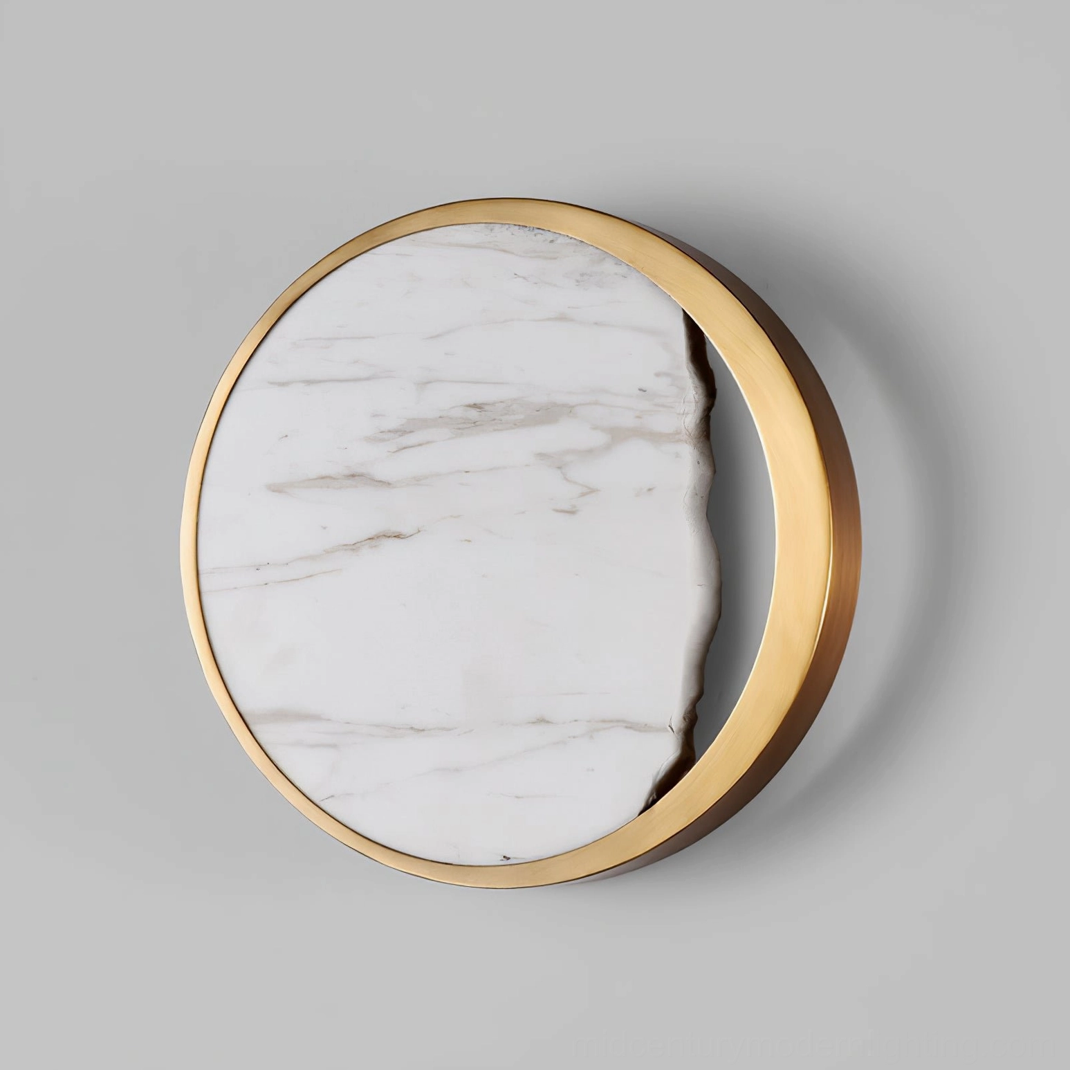 Eclipse marble wall lamp angled side view showing reversed split layout and polished metal frame