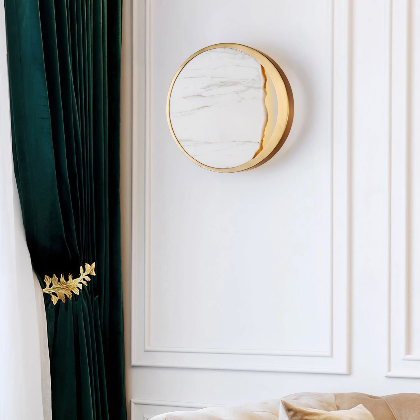 Eclipse wall sconce mounted on paneled wall in modern luxury living room interior design setting