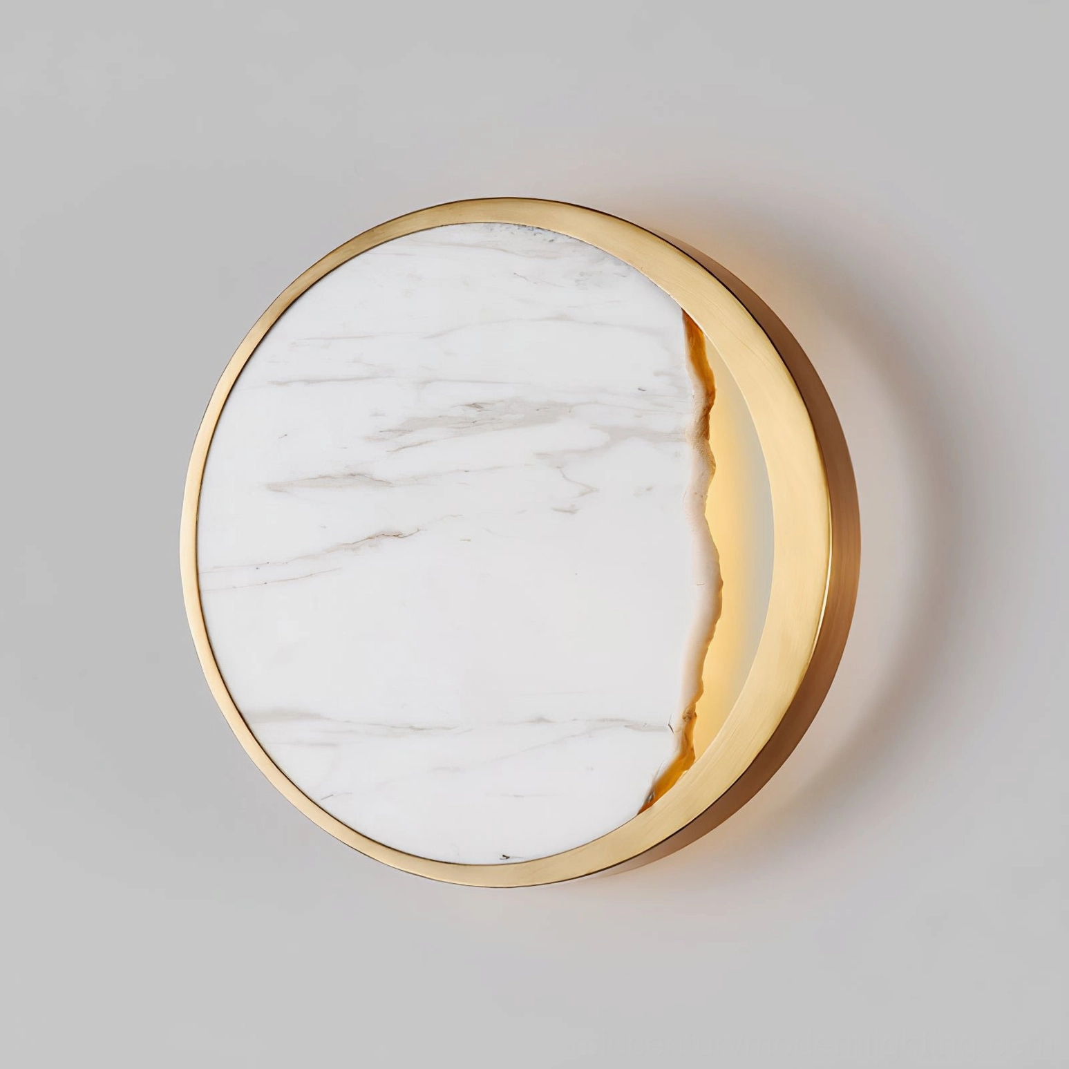 Eclipse round marble wall lamp front flat view showing classic split marble and gold design composition