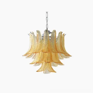 Eclissi Tiered Glass Chandelier in Amber, Small size, front overhead view on white background showcasing hand-blown glass crystals