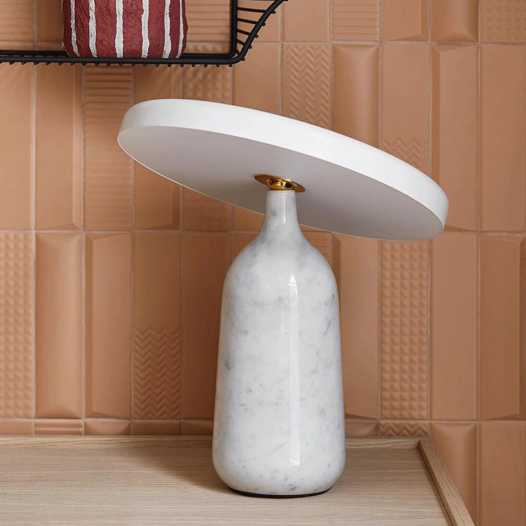 Modern Eddy disc table lamp with black metal shade and black marble base, minimalist luxury design