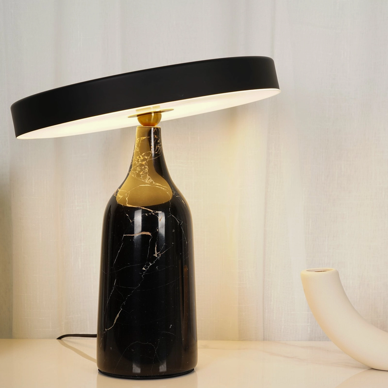 Eddy table lamp white disc shade with white marble bottle base, contemporary minimalist style