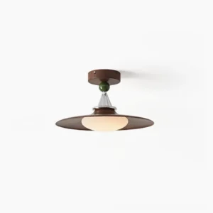 Eden mid-century modern ceiling light with walnut wood finish and green accent spheres, oblique front view on white background