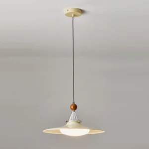 Cream colored mid-century pendant light with silver metal details and wooden top bead