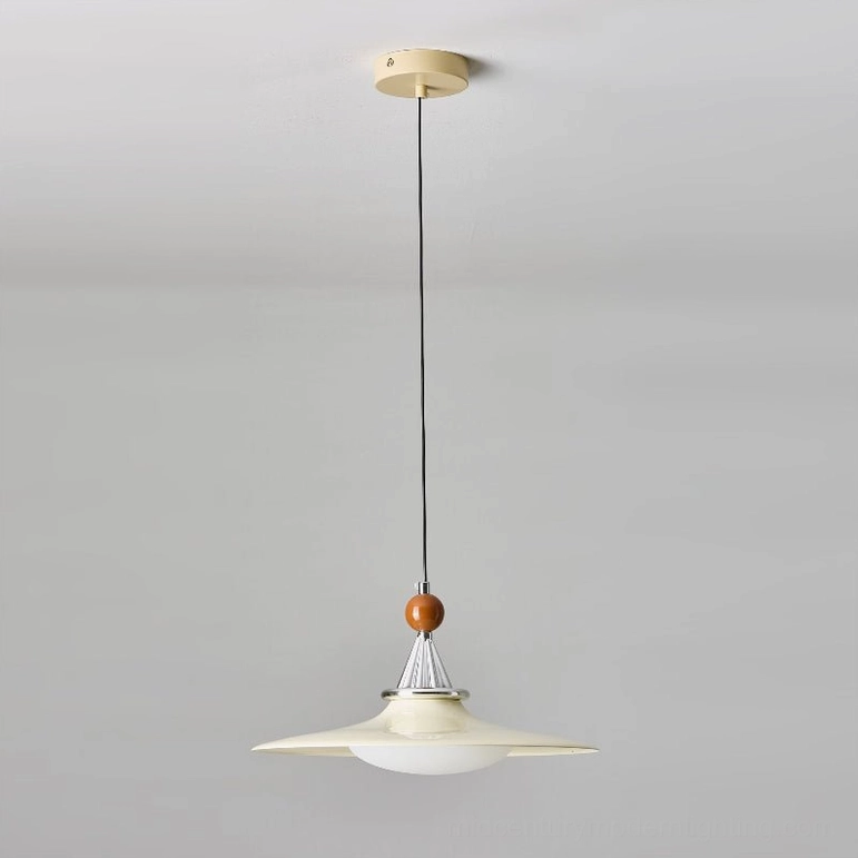 Cream color mid-century pendant light studio shot showing clean disc design