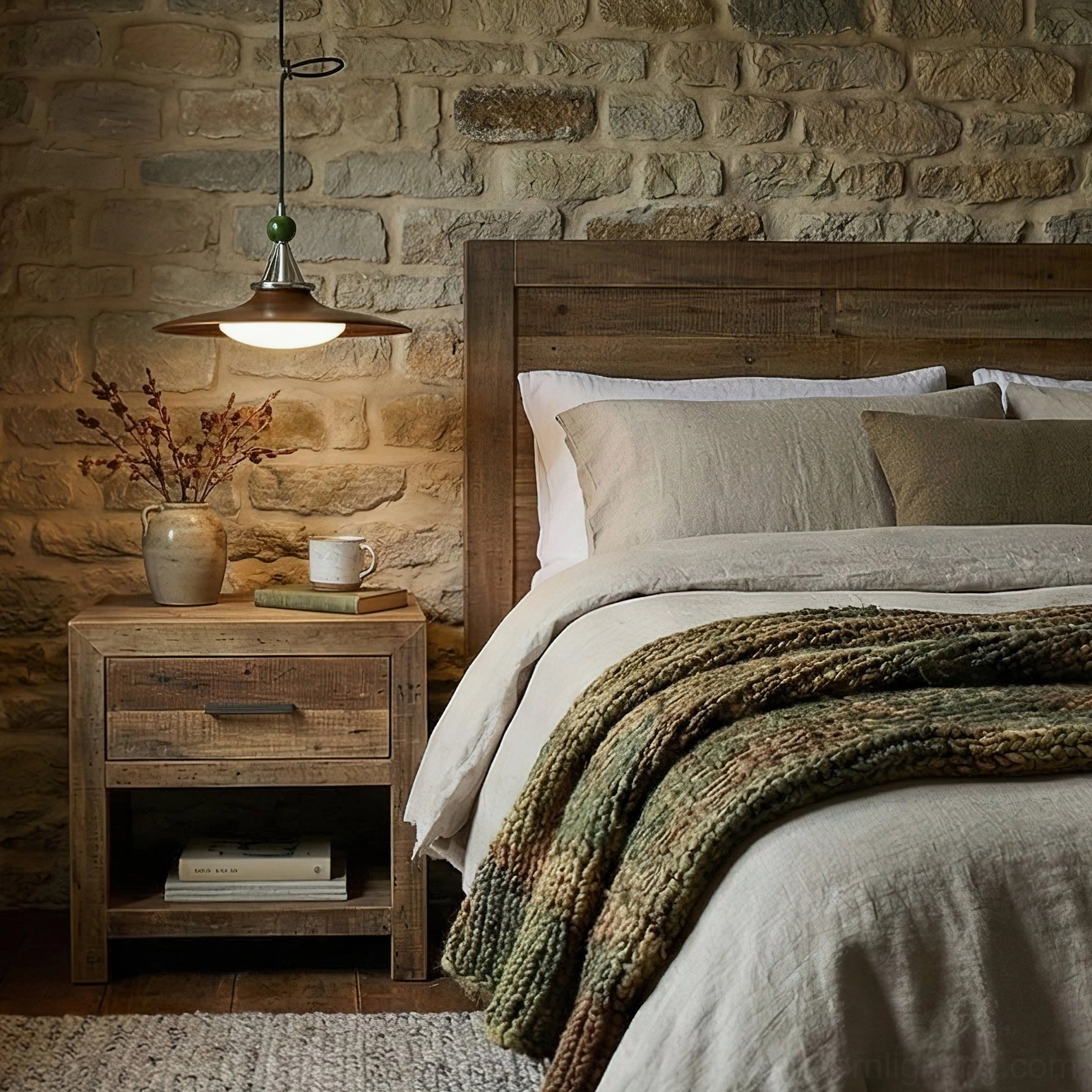 Eden swing arm pendant fixture in rustic stone-wall bedroom with knitted bed throw and wooden nightstand, providing warm accent lighting