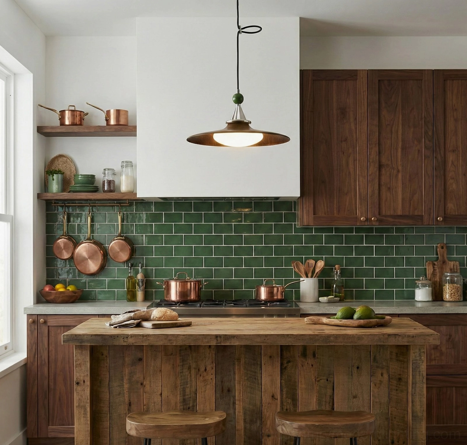 Eden pendant lamp suspended over rustic farmhouse kitchen island with green tile backsplash and wooden cabinets, showcasing task lighting application