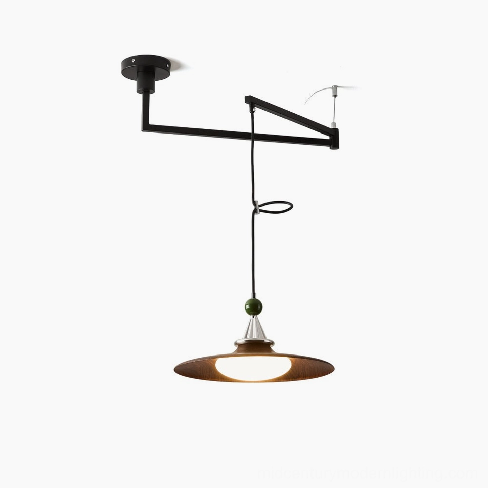 Eden swing arm pendant light with adjustable arm, black metal frame and warm wood-grain saucer shade with green spherical accent cap displayed against white studio background