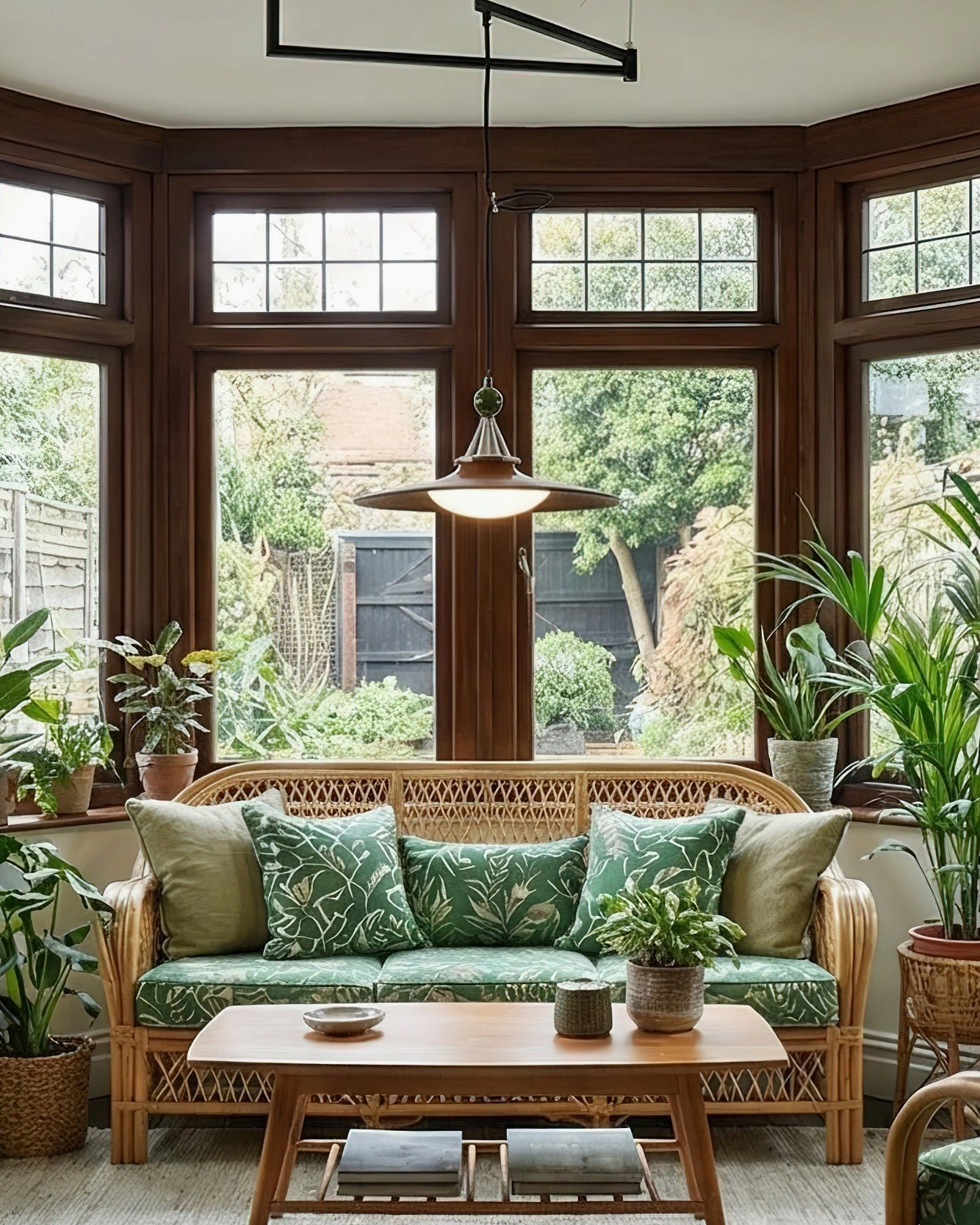 Eden swing arm pendant suspended in sunlit cozy lounge with bay windows and green patterned sofa, demonstrating modern living room application