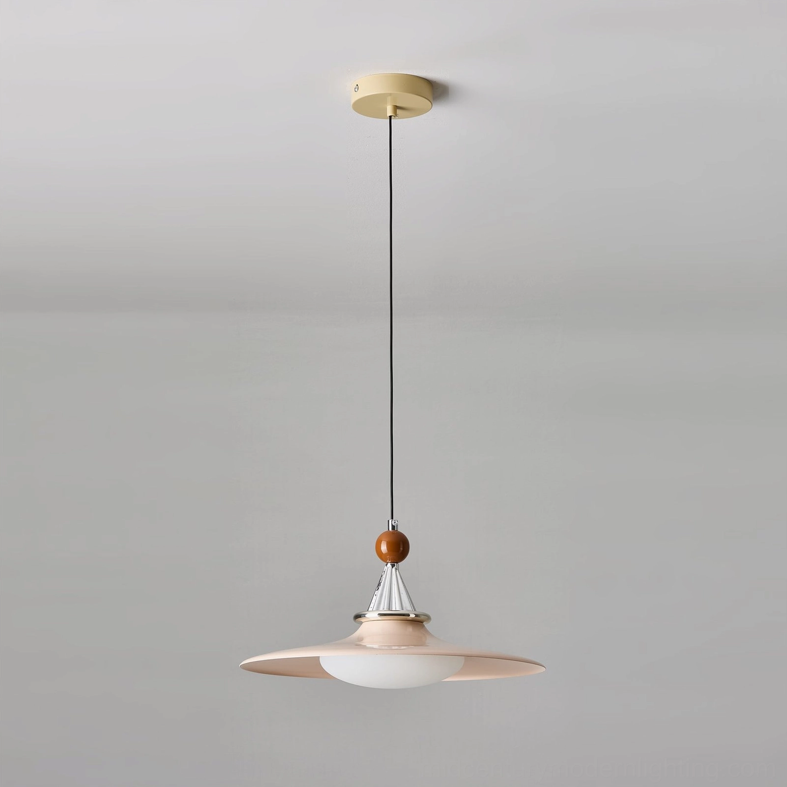Walnut finish pendant light architectural detail showing dimensions and proportions