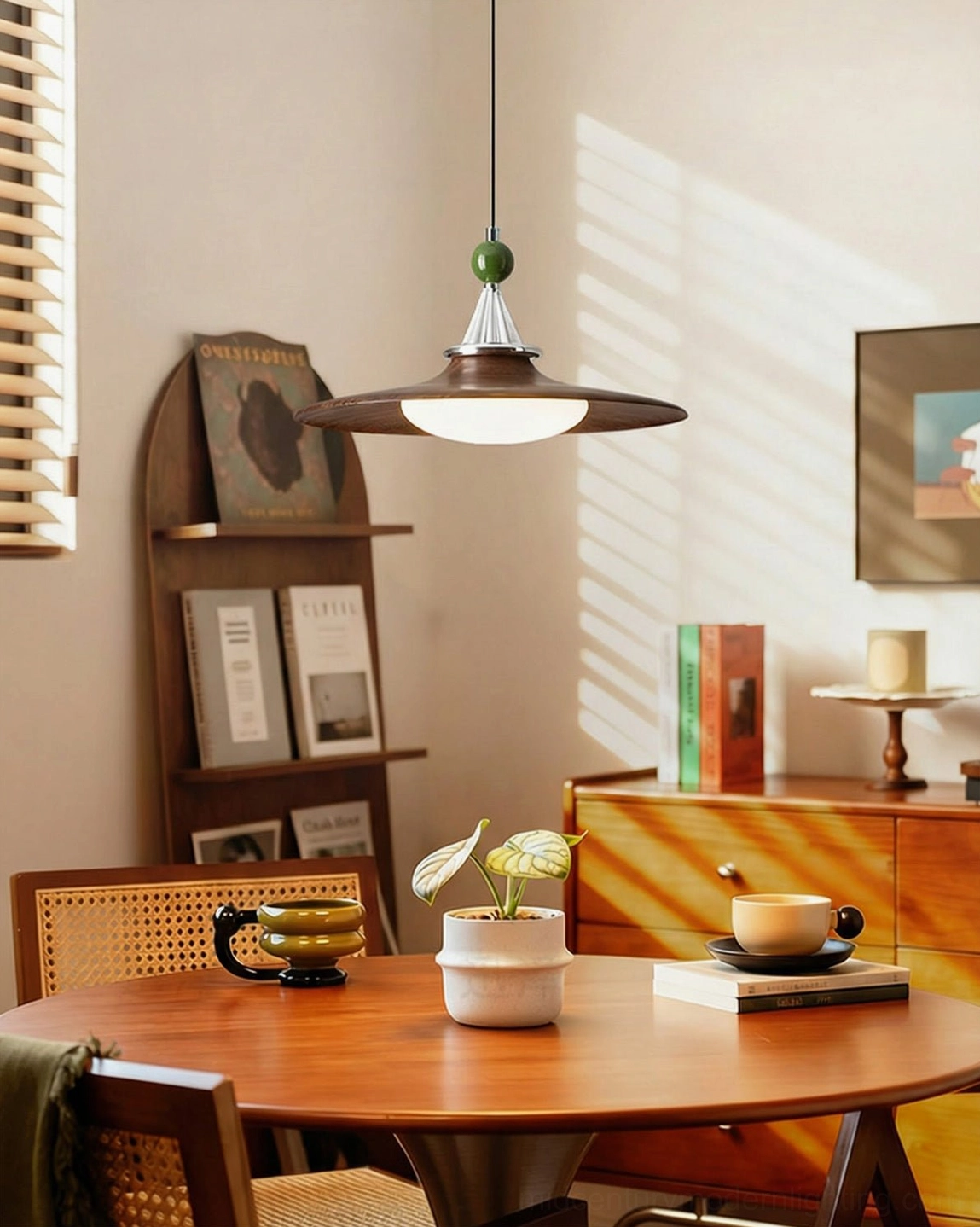 Dark walnut retro pendant light hanging in vintage mid-century modern dining room