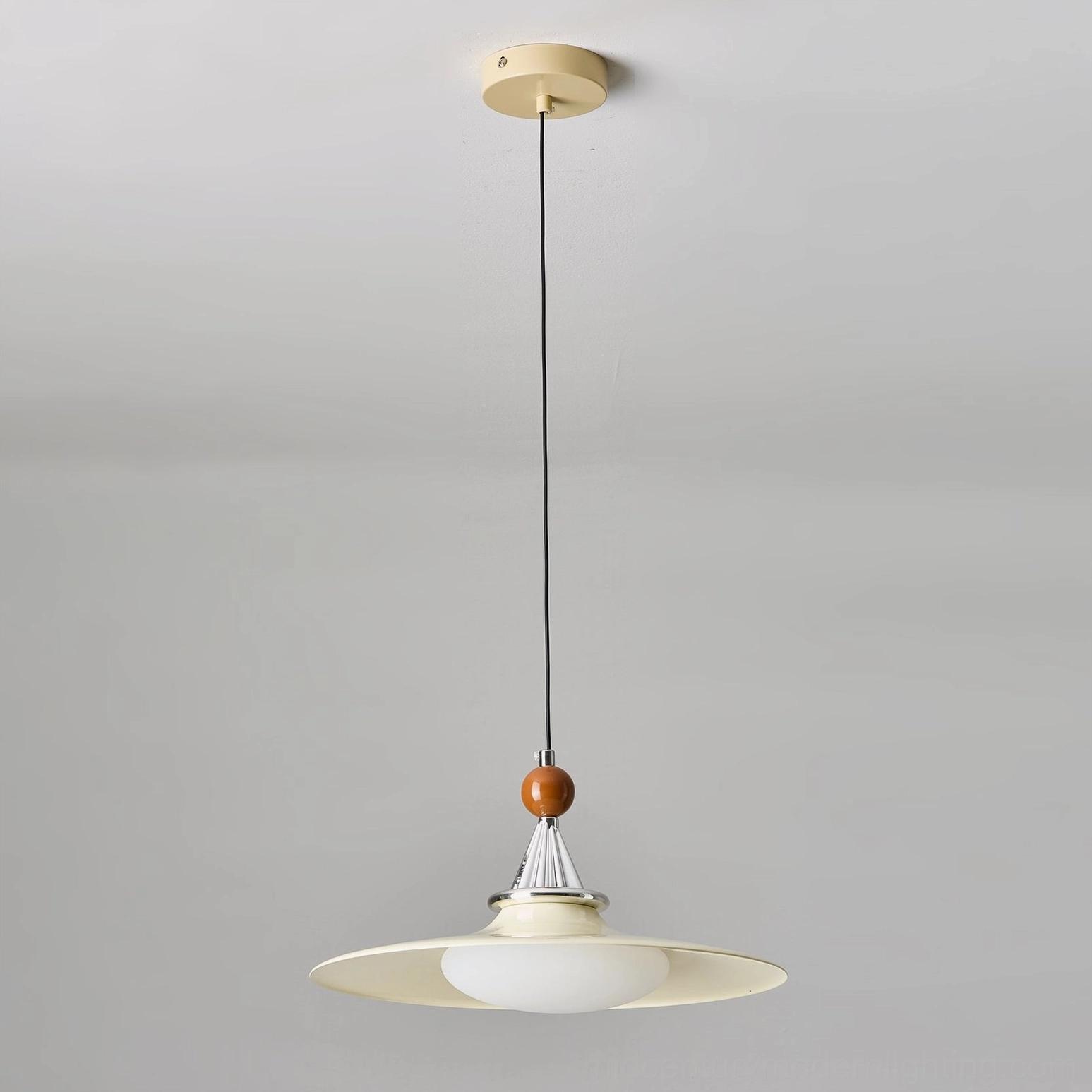 Mid-century modern walnut disc pendant light flat lay studio photography