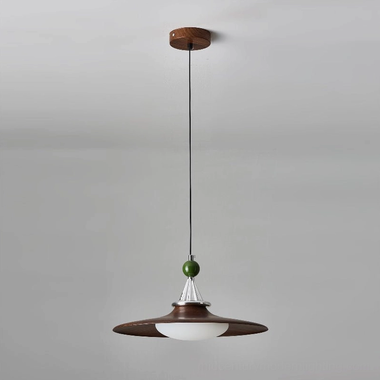 Walnut mid-century pendant light with warm LED integrated light source