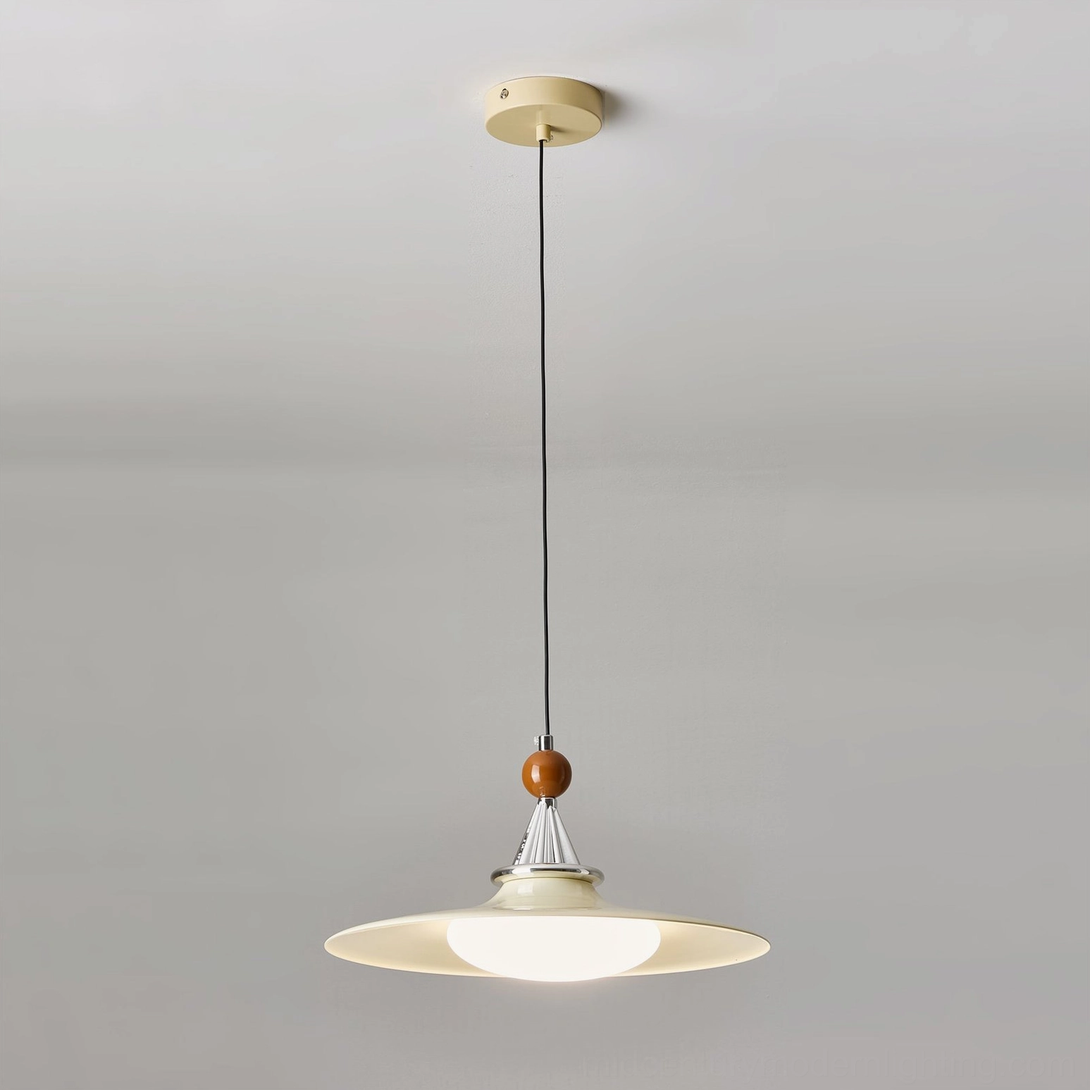 Warm glowing walnut pendant light creating ambient lighting in interior space