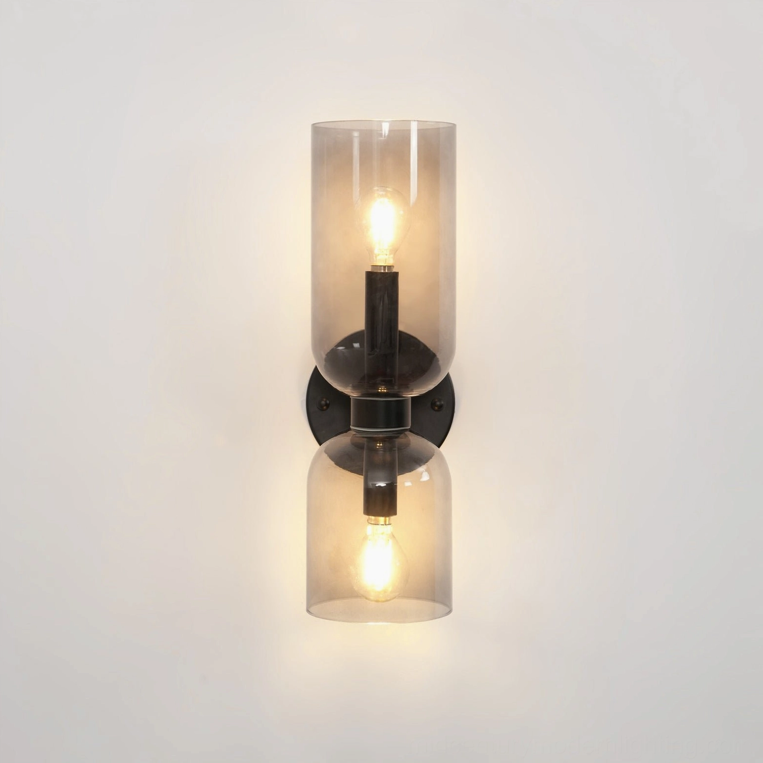 Architectural wall sconce featuring cylindrical glass form with polished metal frame mounting