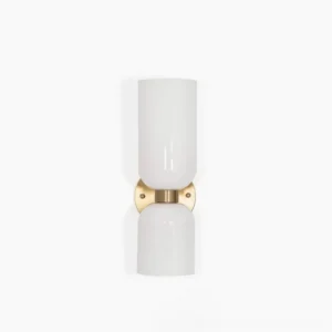 Edie blown glass wall sconce with white frosted glass shade and brass gold metal frame, frontal studio view