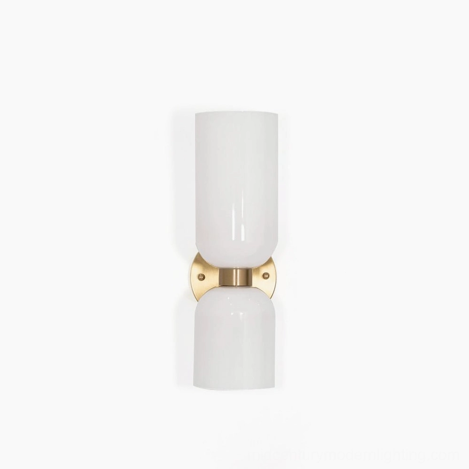 Edie blown glass wall sconce with white frosted glass shade and brass gold metal frame, frontal studio view