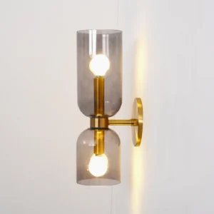 Modern wall sconce with smoked grey glass shade and gold hardware illuminated with warm LED bulb