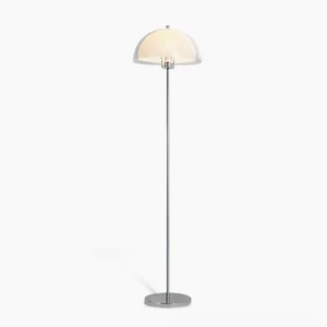 Edinburgh mid-century modern dome floor lamp with silver pole and off-white acrylic shade in minimalist studio setting