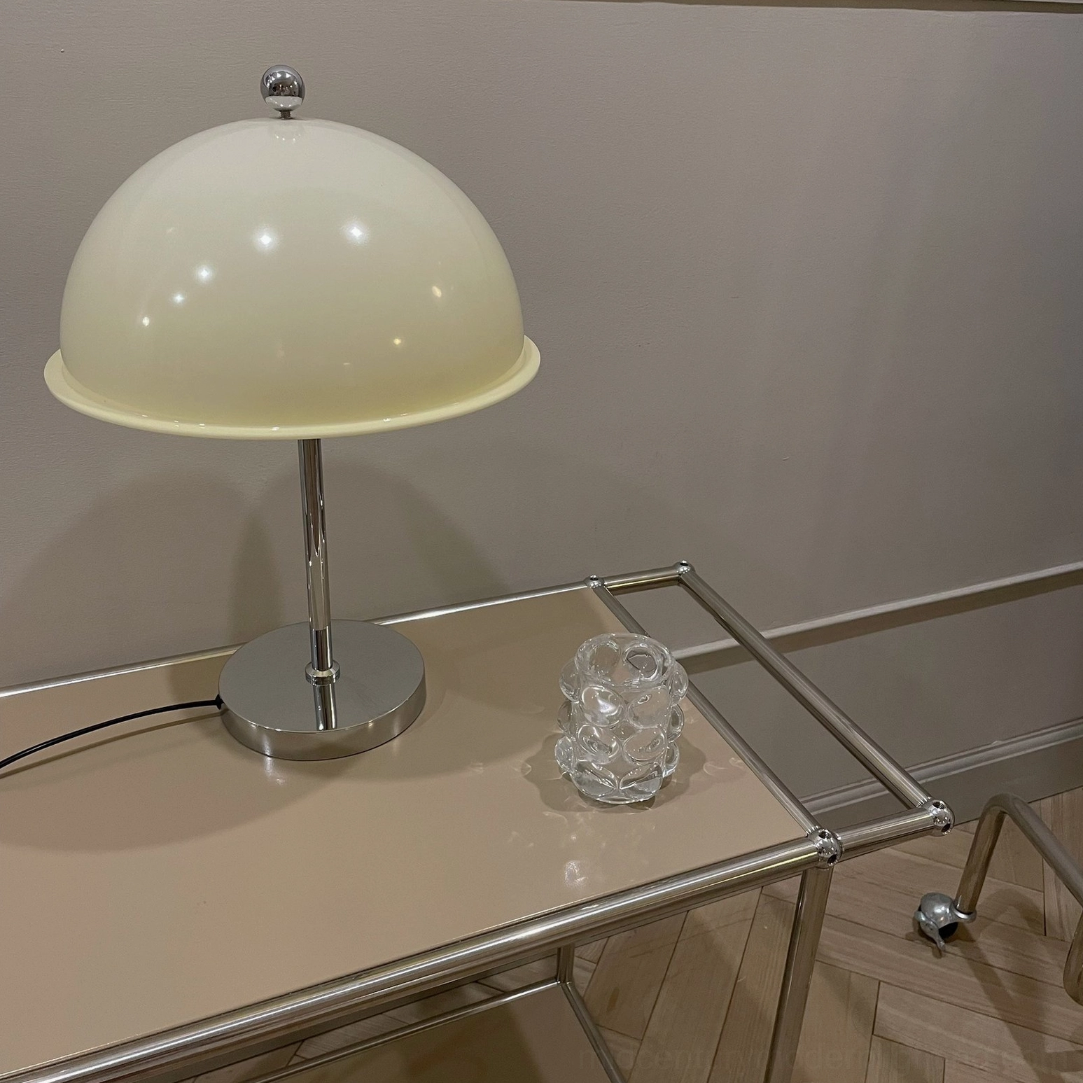 Edinburgh table lamp brown shade paired with gallery wall and collected art objects