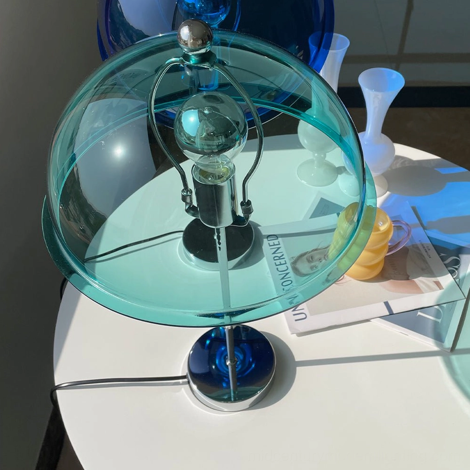 Mid-century modern Edinburgh table lamp showing architectural silver metal frame and acrylic shade construction detail