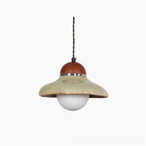 Edmund ceramic pendant light with sage green dome shade and wooden cap, front view on white background