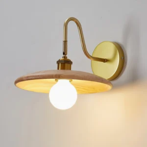 Close-up detail of Edmund wall lamp gooseneck arm and round brass mounting base