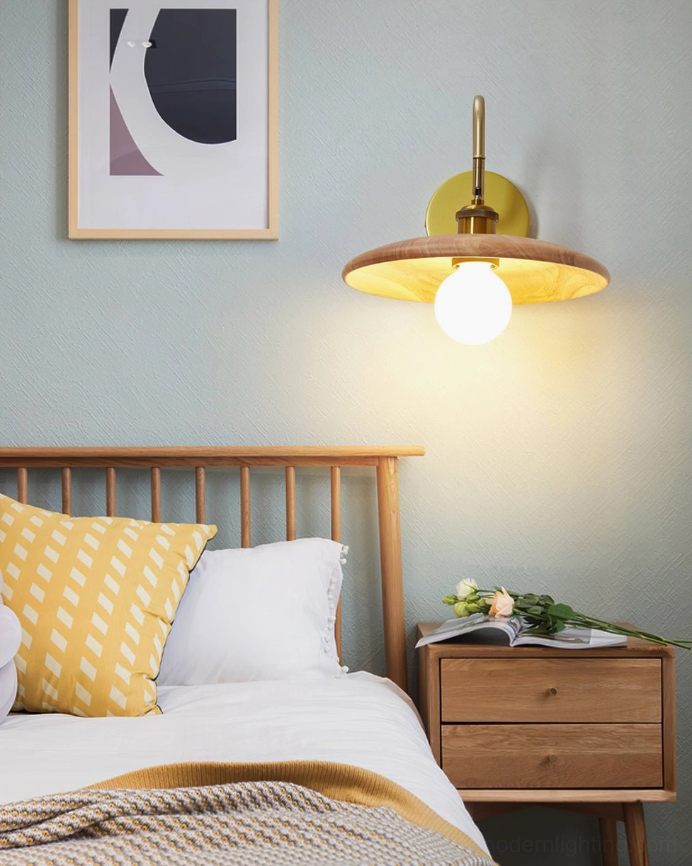 Edmund mid-century wall sconce angled view highlighting natural wood construction and design