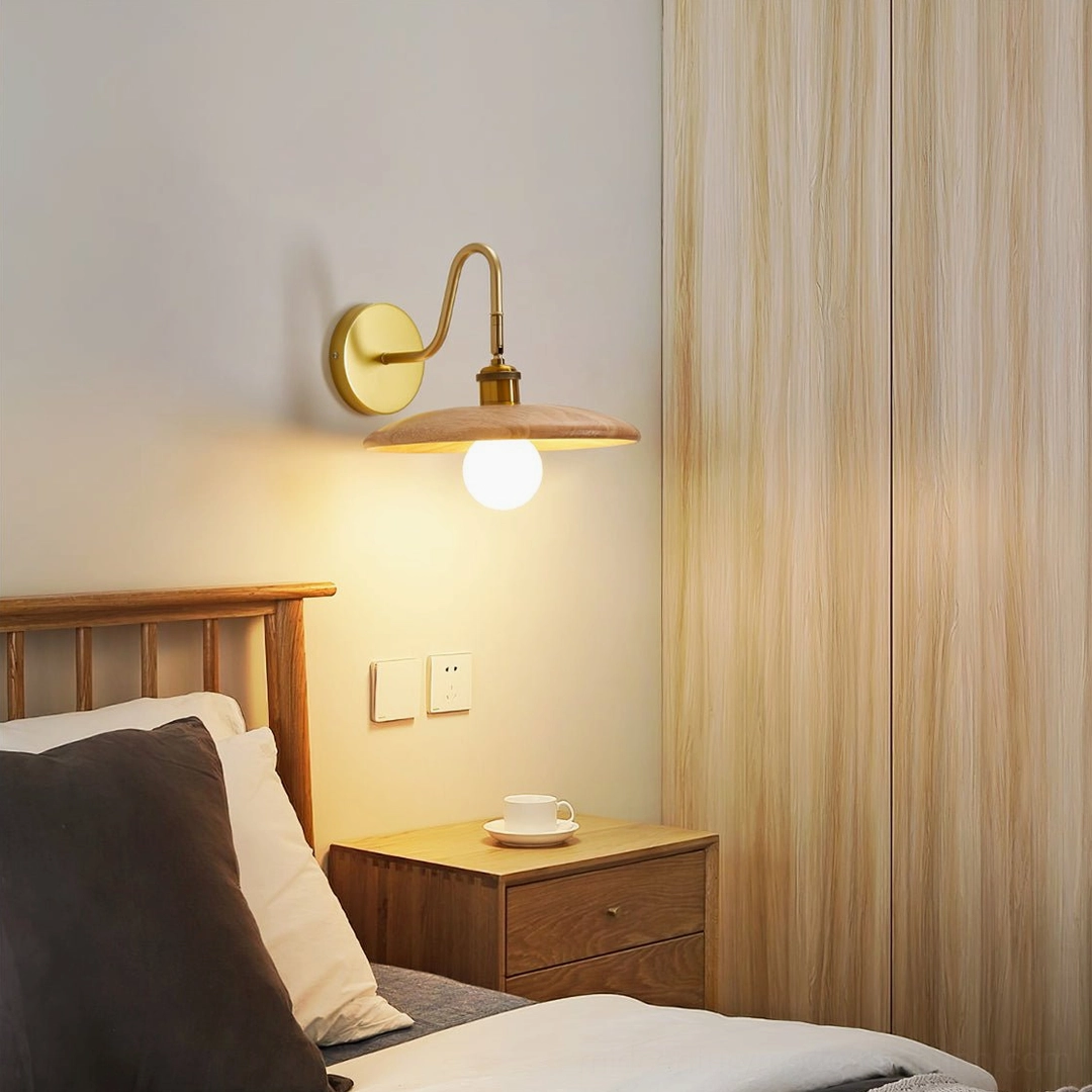 Edmund wooden wall sconce in modern bedroom setting with bed and nightstand, Japanese minimalist decor