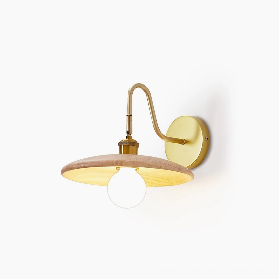 Edmund mid-century wall sconce with natural wood body and brass gold hardware, front view on white background