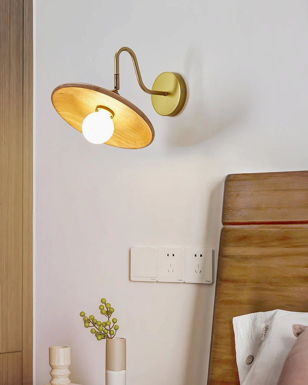 Edmund mid-century wall sconce in compact bedroom with wooden minimalist decor