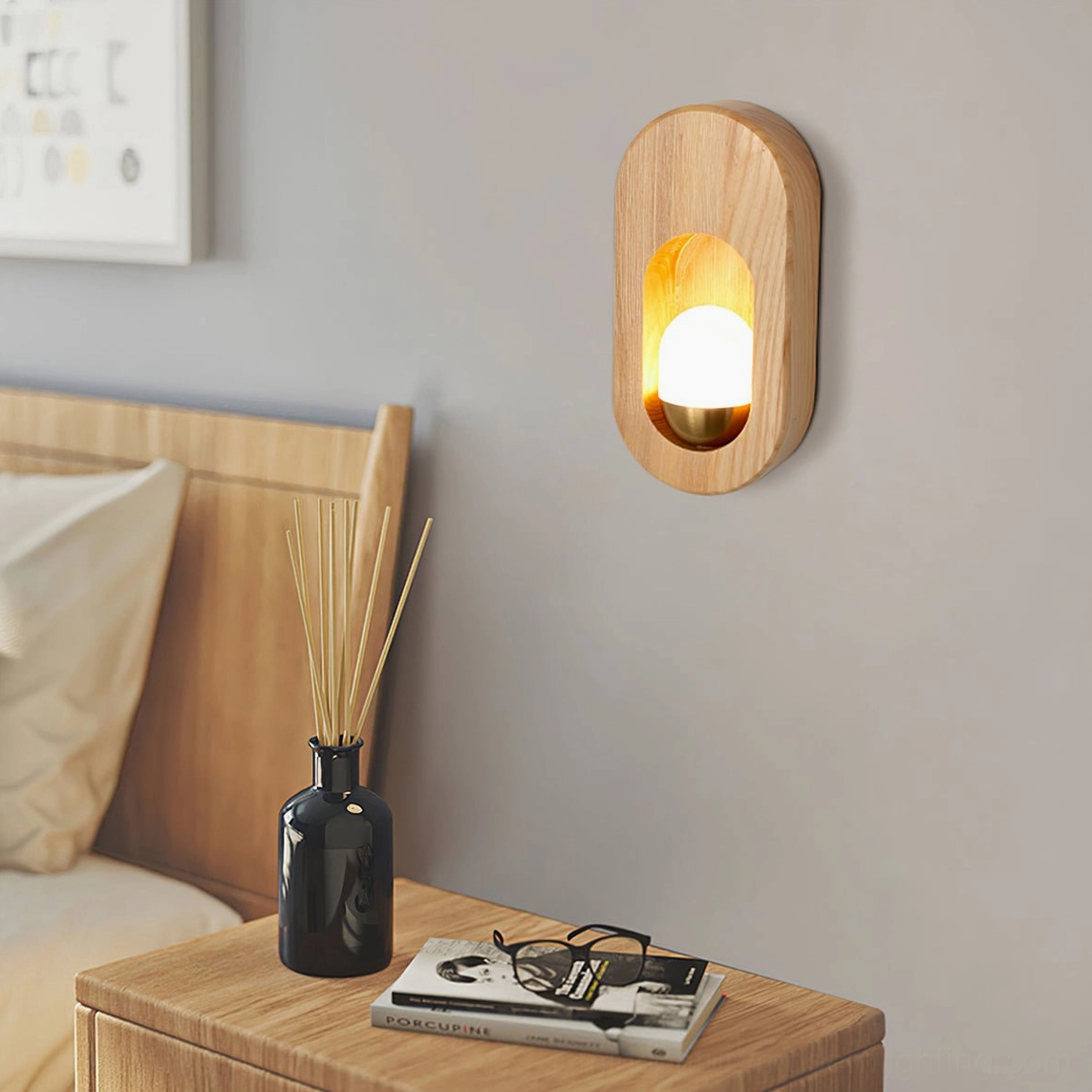 Three-quarter view of wooden egg lamp showing oval form and premium ash wood finish
