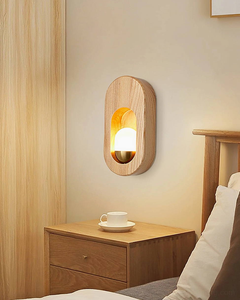 Egg wooden lamp mounted on bedroom wall with wooden headboard, warm dimmable bedroom lighting