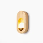 Egg wall sconce with oval wooden frame and glass diffuser, front view on white background