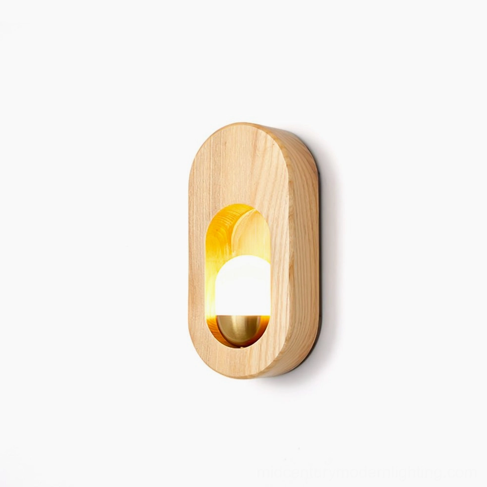 Egg wall sconce with oval wooden frame and glass diffuser, front view on white background